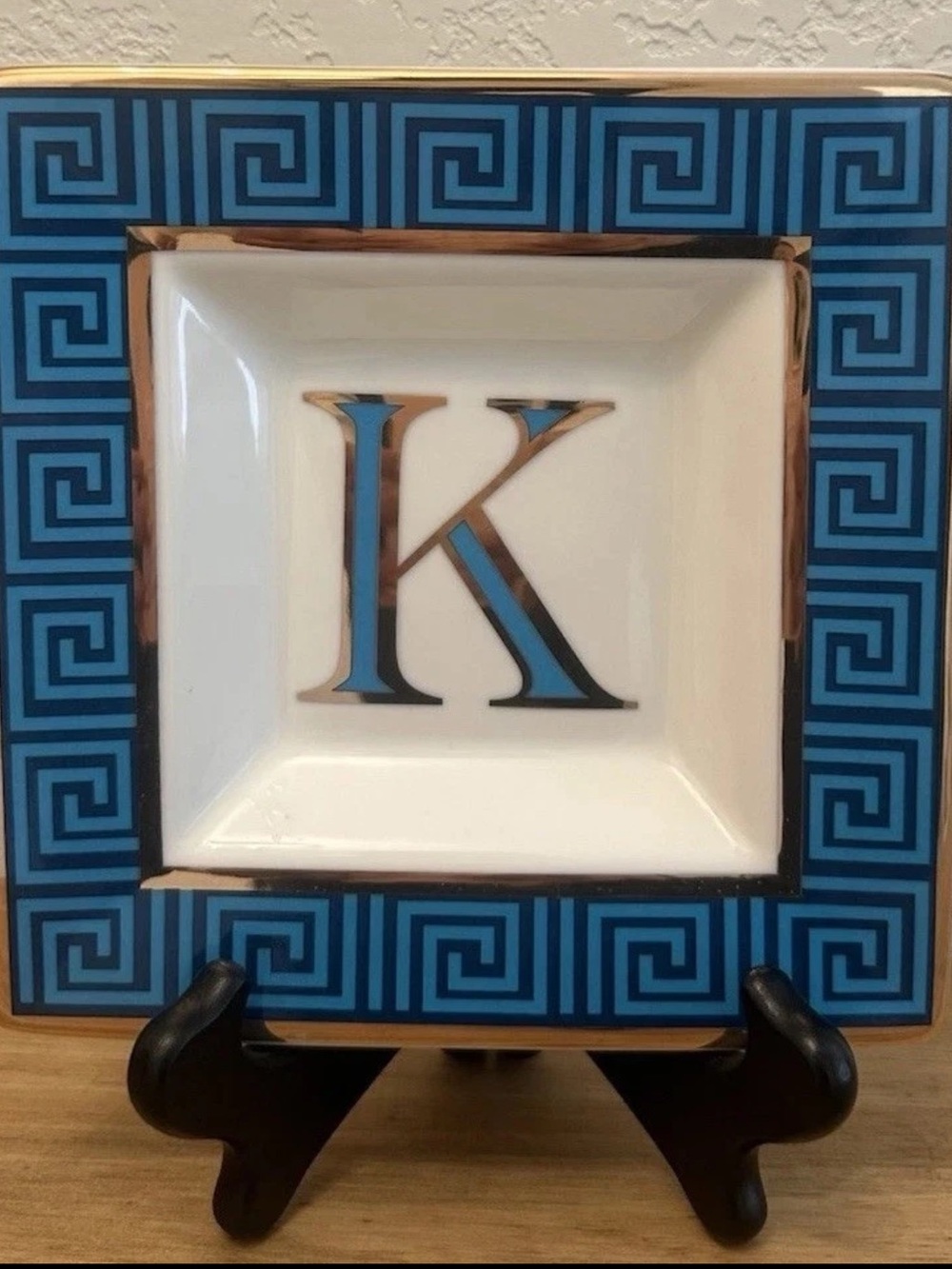 C Wonder Porcelain Square Decorative Plate Greek Key Blue Gold Initial K